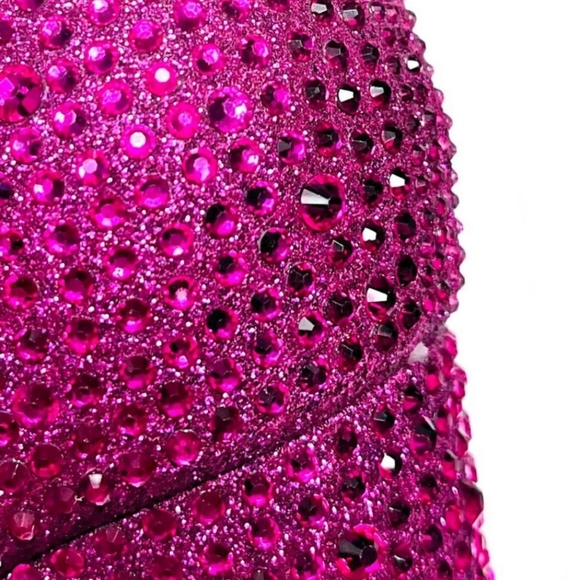 Fuchsia Pink Rhinestone Pointed Toe Chunky Heel Ankle Boots Bootie - Picture 7 of 8